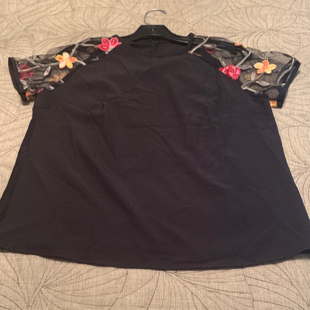 Black Top with Floral Embroidered Sleeves